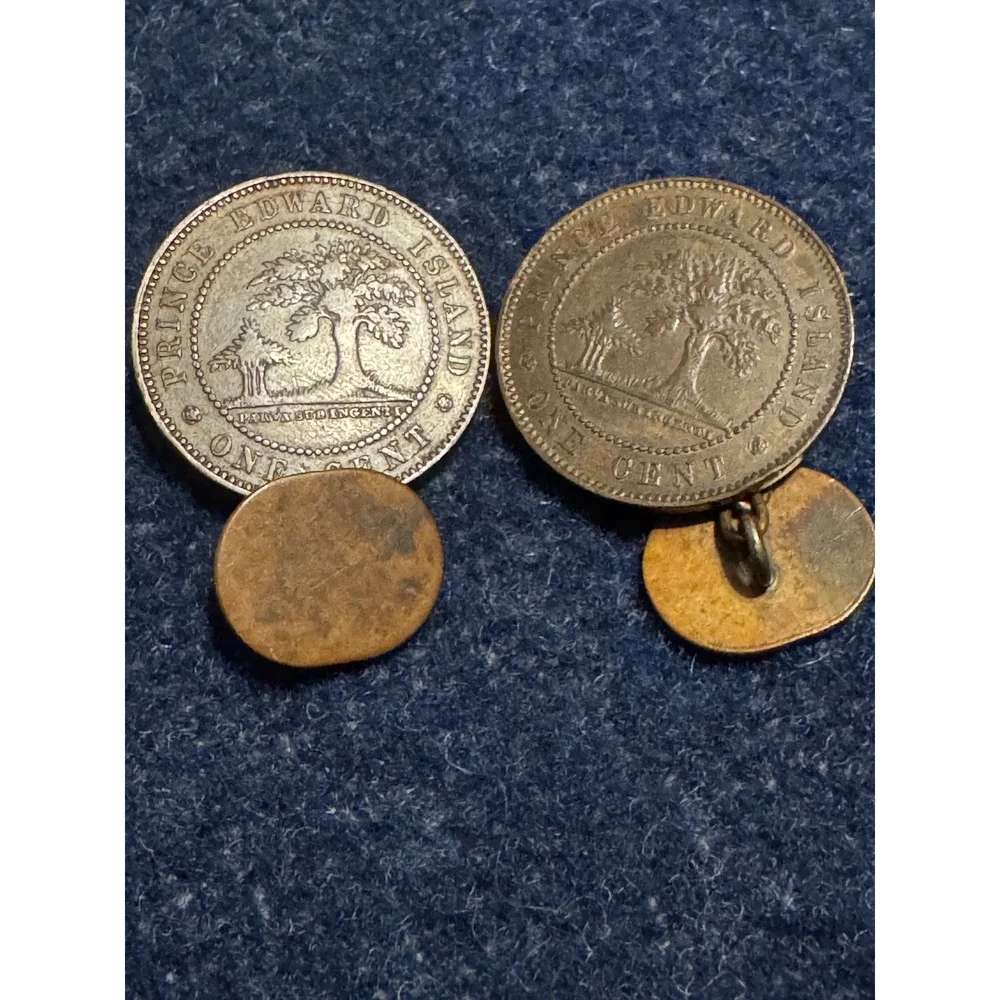 Antique 1871 Prince Edward Island One Cent Coin Cufflinks Victoria Bronze Pair